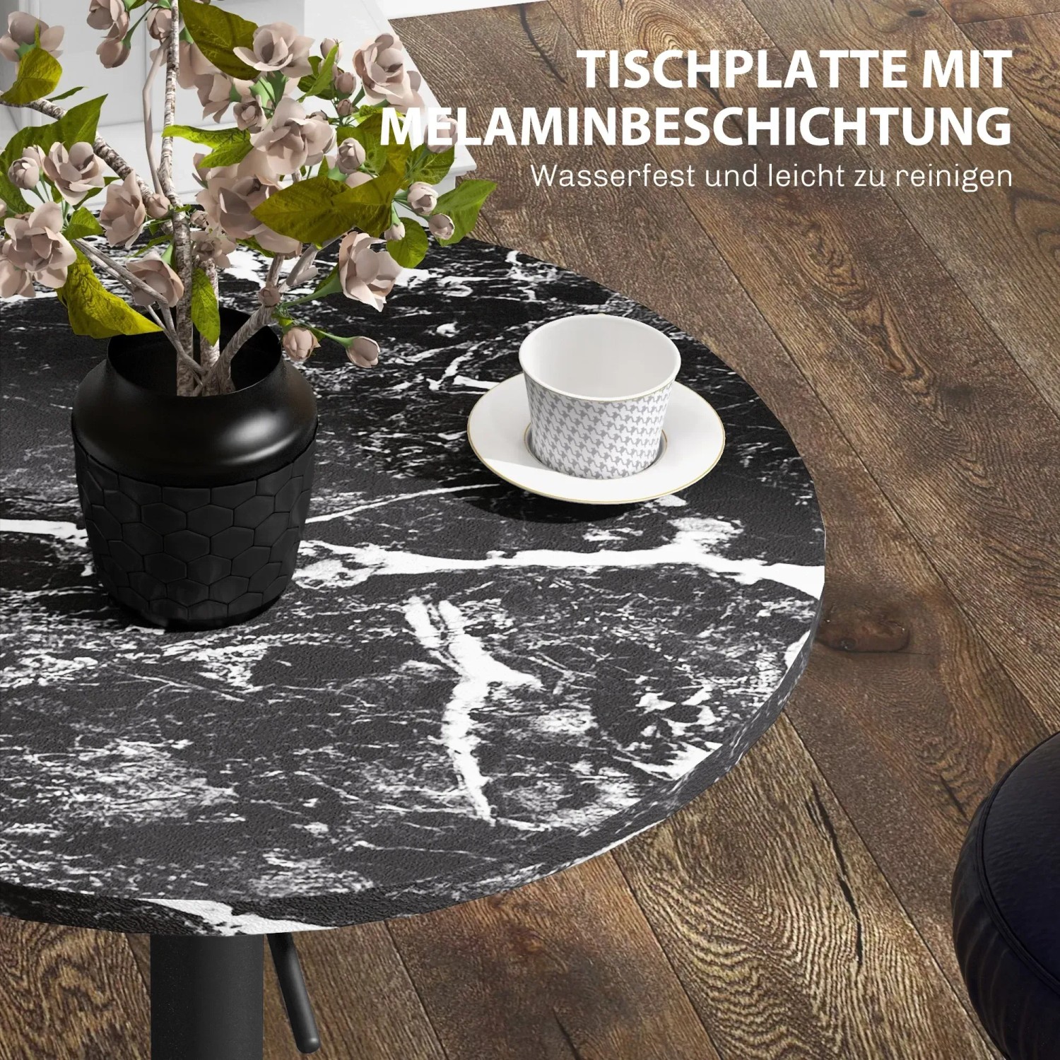 HOMCOM Bartisch mit Marmoroptik, schwarze Tischplatte mit Deko und Getränk.