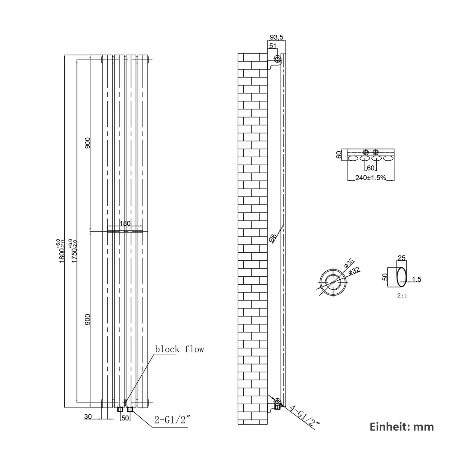 Technische Zeichnung: Emke Oval Röhrenheizkörper, Maße, Anschlüsse, Details zur Installation des Heizkörpers.