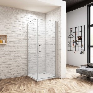 Eckdusche: Duschkabine mit Pendeltür, 90x90cm, 5mm ESG Glas, silbernes Profil. Ideal für kleine Bäder.