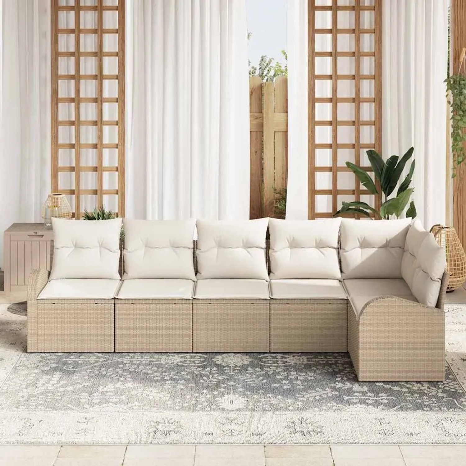 Beiges 6-teiliges Garten-Sofa-Set aus Poly Rattan mit Kissen von vidaXL.