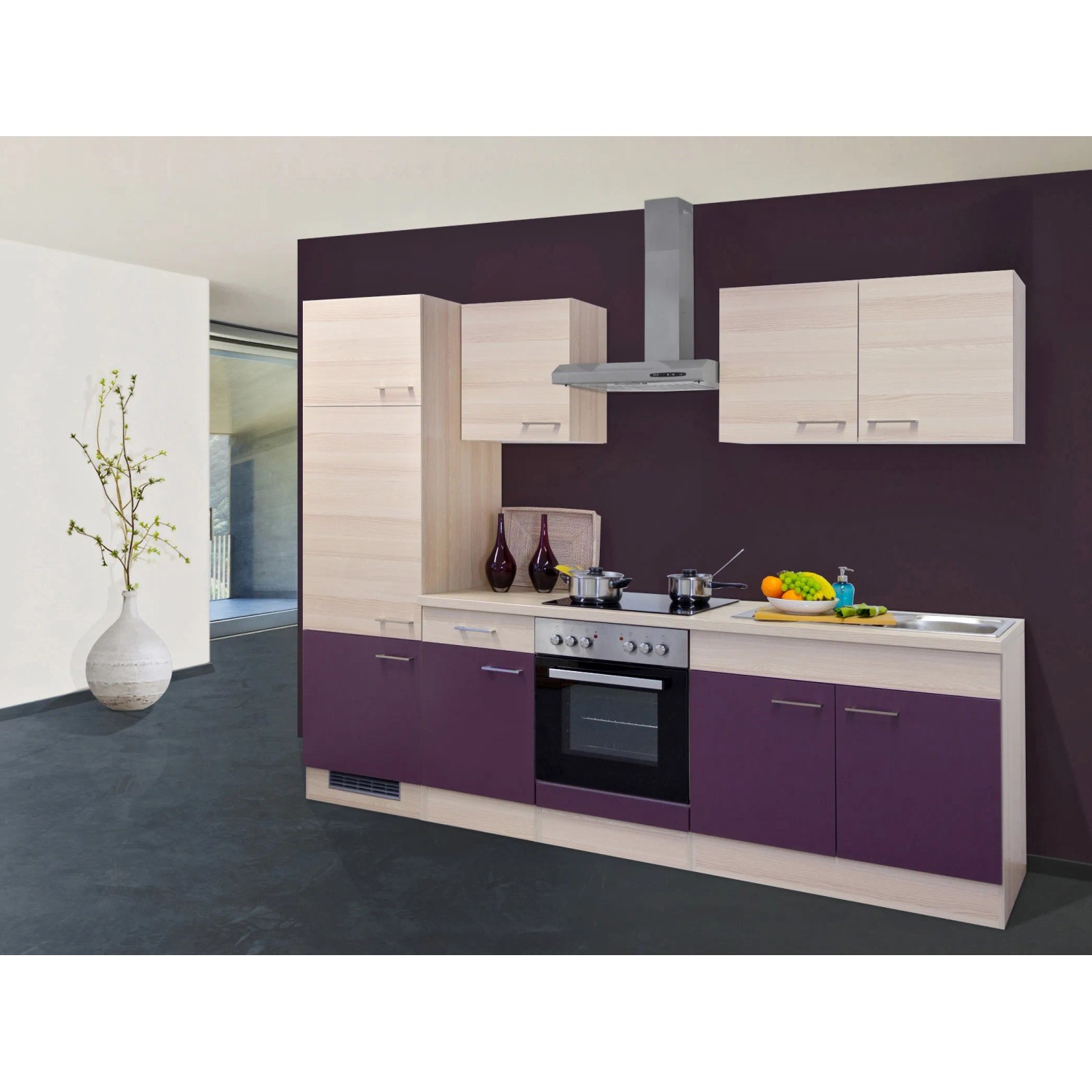 Flex-Well Exclusiv Küchenzeile Focus 270 cm Akazie-Aubergine