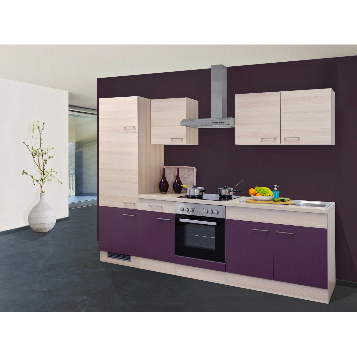 Flex-Well Exclusiv Küchenzeile/Küchenblock Focus 270 cm Akazie-Aubergine