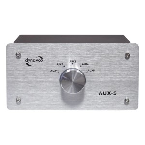 Dynavox HiFi Eingangs-Erweiterung AUX-S in Silber mit Drehknopf zur Eingangswahl.
