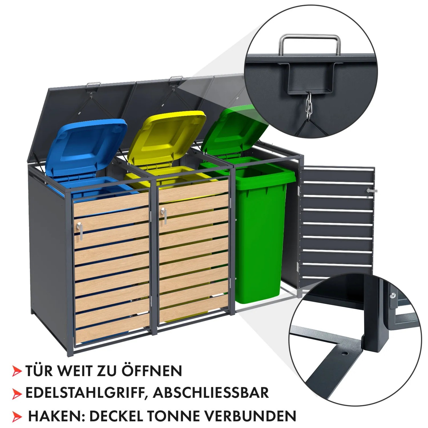 KARAT Mülltonnenbox Johan für 3 Tonnen, Edelstahlrahmen, Holzdekor, 198,5x80x116cm.