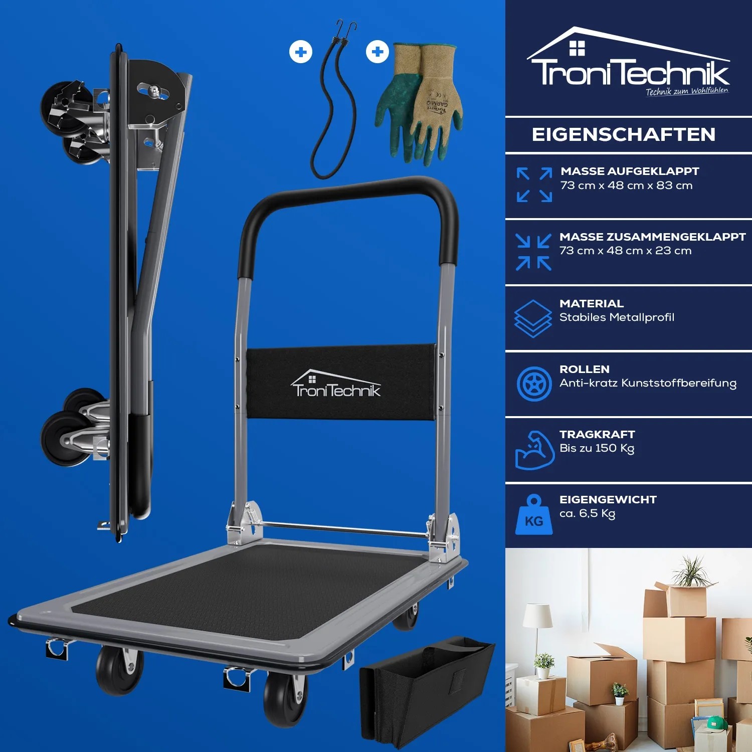 TroniTechnik Transportwagen, klappbar, 150 kg Tragkraft, mit Halterung und Griffpolster.
