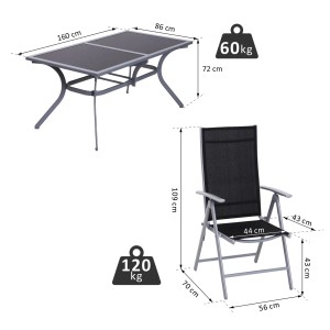 Outsunny 7-tlg. Sitzgruppe: Tisch mit Sicherheitsglas, Texteline-Stühle, Aluminiumgestell, schwarz/silber.