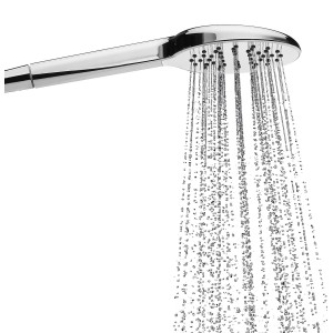 Sturotec Handbrause, 6 l/min, rund, Chrom, mit Regenstrahl im Betrieb.