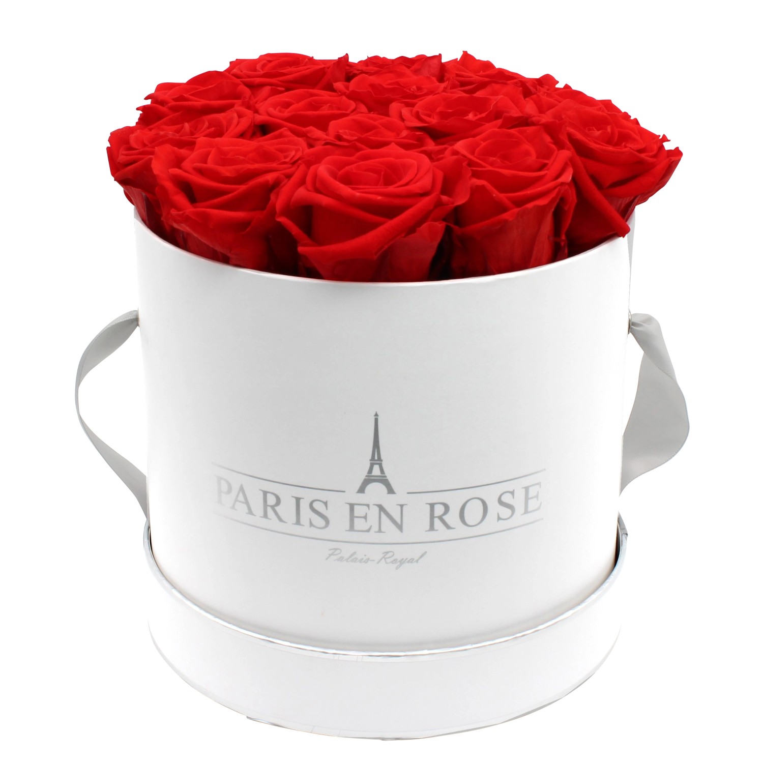 Rosenbox Ø 19 cm Weiß-Silber mit 14 Roten Rosen