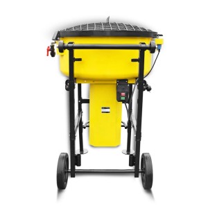 Gelber BAMATO Zwangsmischer BCM-120 mit 120L Trommel auf schwarzem Rollgestell. Ideal für Beton und Mörtel.