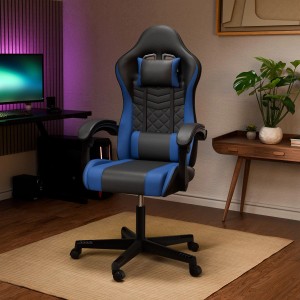 Juskys Gamingstuhl HyperSeat, schwarz/blau, mit Nacken- und Rückenkissen vor Gaming-Setup.