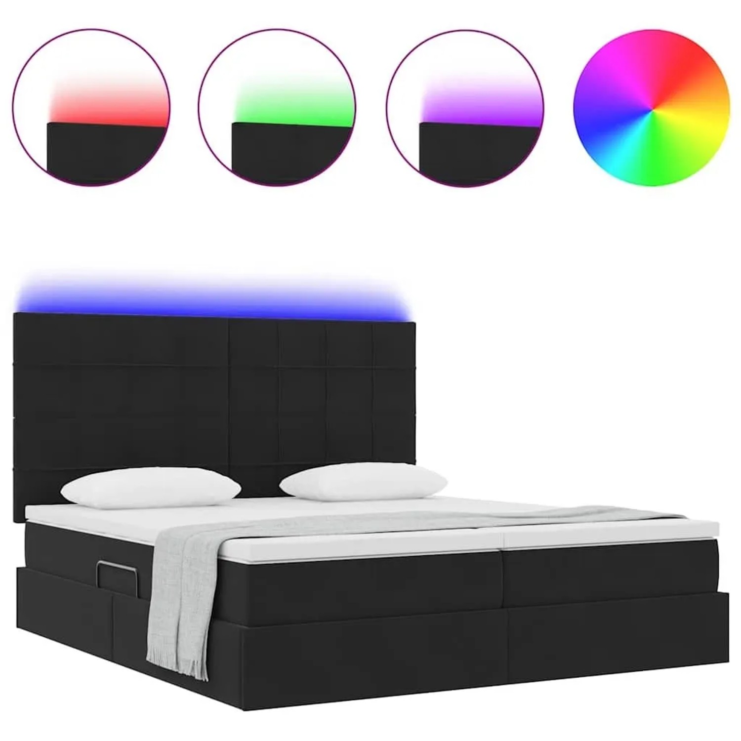 Schwarzes Samt Bett 180x200 mit LED-Lichtleisten am Kopfteil.