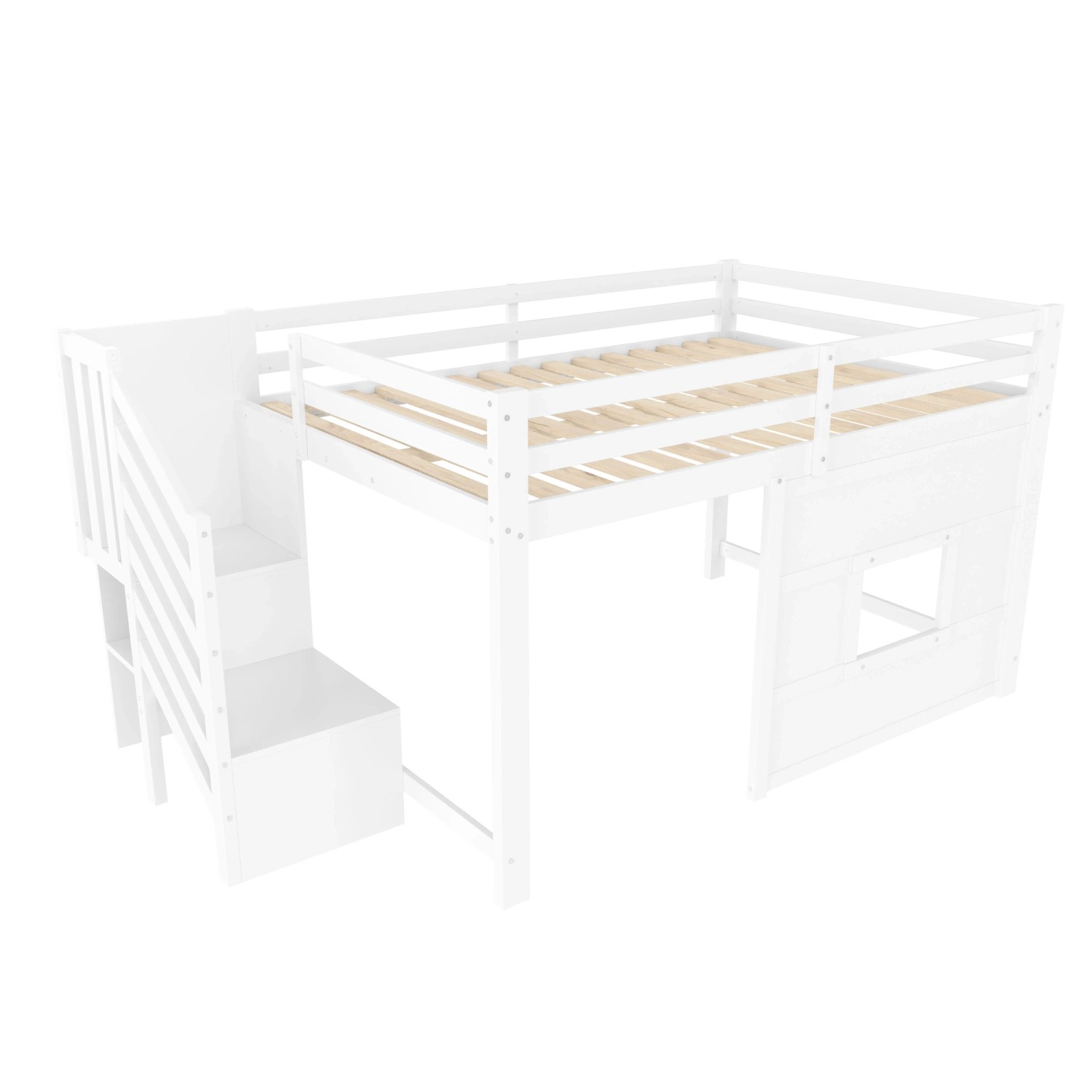 okwish Hochbett 140x200cm mit Stauraumtreppe und Fenster Weiß ohne Matratze