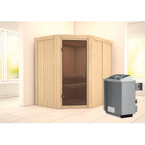 Karibu Sauna-Set Cleo mit Ofen (9 kW) und integr. Steuerung. Massivholzsauna mit Glastür und Saunaofen.