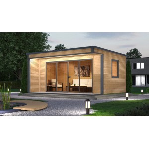 Modernes Weka Designhaus Cubilis 4.0 aus Holz mit Glasfront und naturbelassener Holzoptik.
