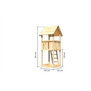 Karibu Spielturm Lotti, naturbelassen, mit Leiter und Sandkiste, Maße eingezeichnet.