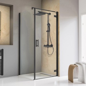 Schulte Drehtür Toura mit Seitenwand, 200x100 cm, Schwarzrahmen, Klarglas. Duschtür für kleine Bäder.