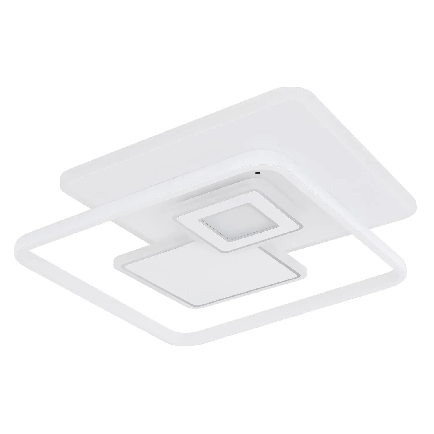 Quadratische LED-Deckenleuchte Roderick in Weiß/Chrom, dimmbar mit Fernbedienung.