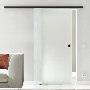 Levidor Glasschiebetür Komplettset, 102,5x217,5 cm, satiniert schwarz mit Griffmuschel und SoftClose.