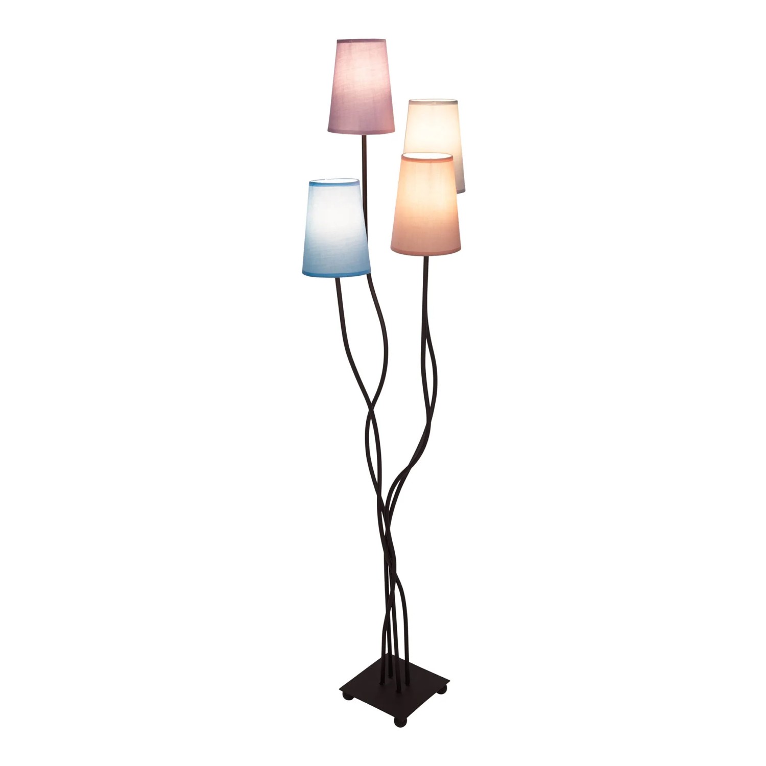 Bunte Näve Boho Stehleuchte mit 4 Lampenschirmen (Blau, Lila, Beige, Terra) und braunem Metallfuß.