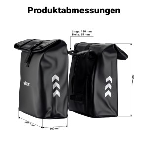 Wiltec Doppeltasche Fahrradtasche, schwarz, mit Rollverschluss und Maßen. Robuste, wasserfeste Gepäckträgertasche.
