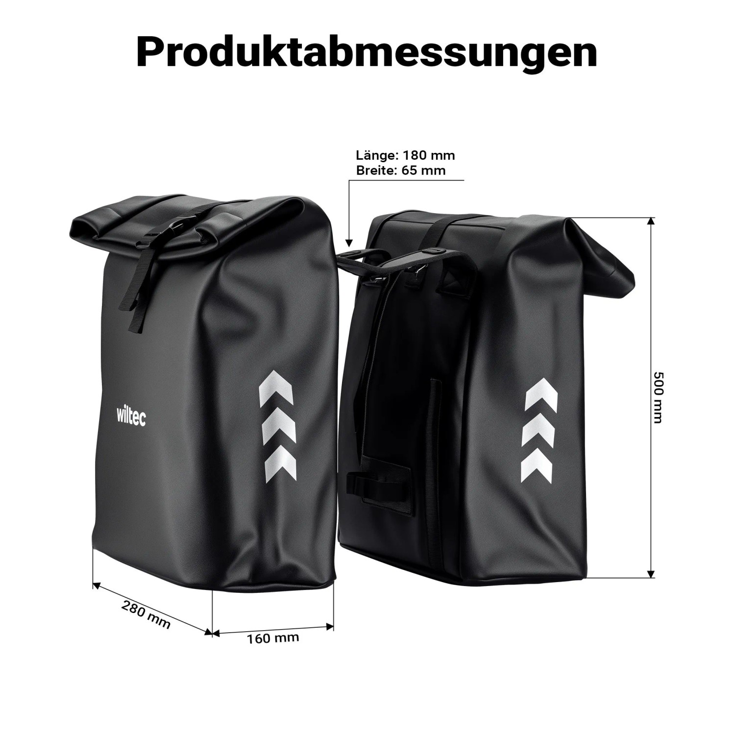 Wiltec Doppeltasche Fahrradtasche, schwarz, mit Rollverschluss und Maßen. Robuste, wasserfeste Gepäckträgertasche.