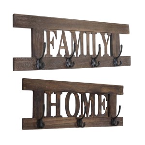 2-tlg. Wandgarderobe im Shabby-Look mit Schriftzug 'Family' und 'Home' und Metallhaken.
