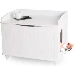 Weißer WONDERMAKE Katzenschrank „catarmarium2“ mit Katze, als Möbelstück oder Katzenklo-Versteck.