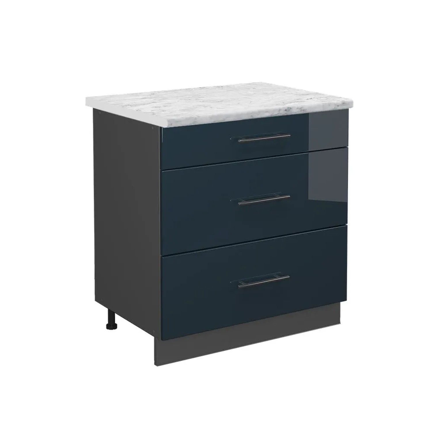 Vicco Küchenunterschrank Fame-Line DunkelBlau Hochglanz Anthrazit 80 cm mit 3 Schubladen AP Marmor