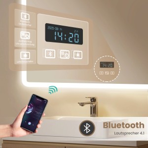 Emke Badspiegel 80x60 cm mit LED, Bluetooth, 3-fach Vergrößerung, Dimmfunktion und Beschlagschutz.