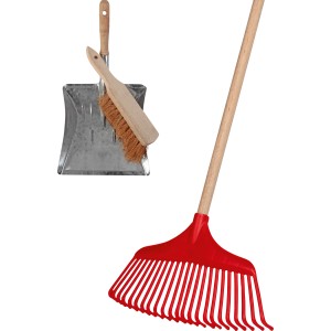 LUX Laubbesen und Kehrset, 3-teilig: Laubbesen rot, Kehrblech und Handbesen mit Holzstiel.