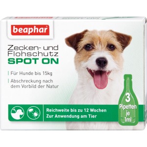 Beaphar Zecken- und Flohschutz Spot-on für kleine Hunde bis 15kg. Verpackung mit Hundebild und Pipetten.