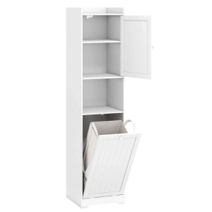 Weißer Bad Hochschrank mit offenen Regalen, Tür und kippbarem Wäschekorb. Ideal für Badregale & Badablagen.