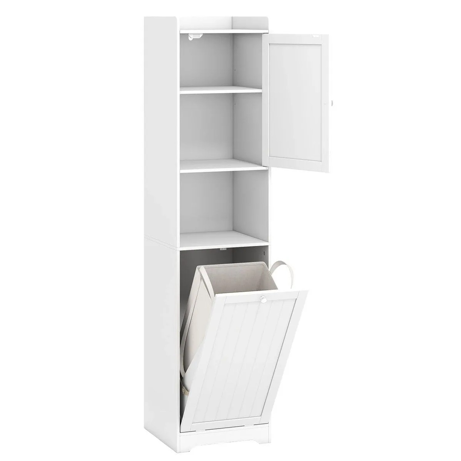 Costway Bad Hochschrank mit Wäschekorb & Verstellbarem Regal Weiß