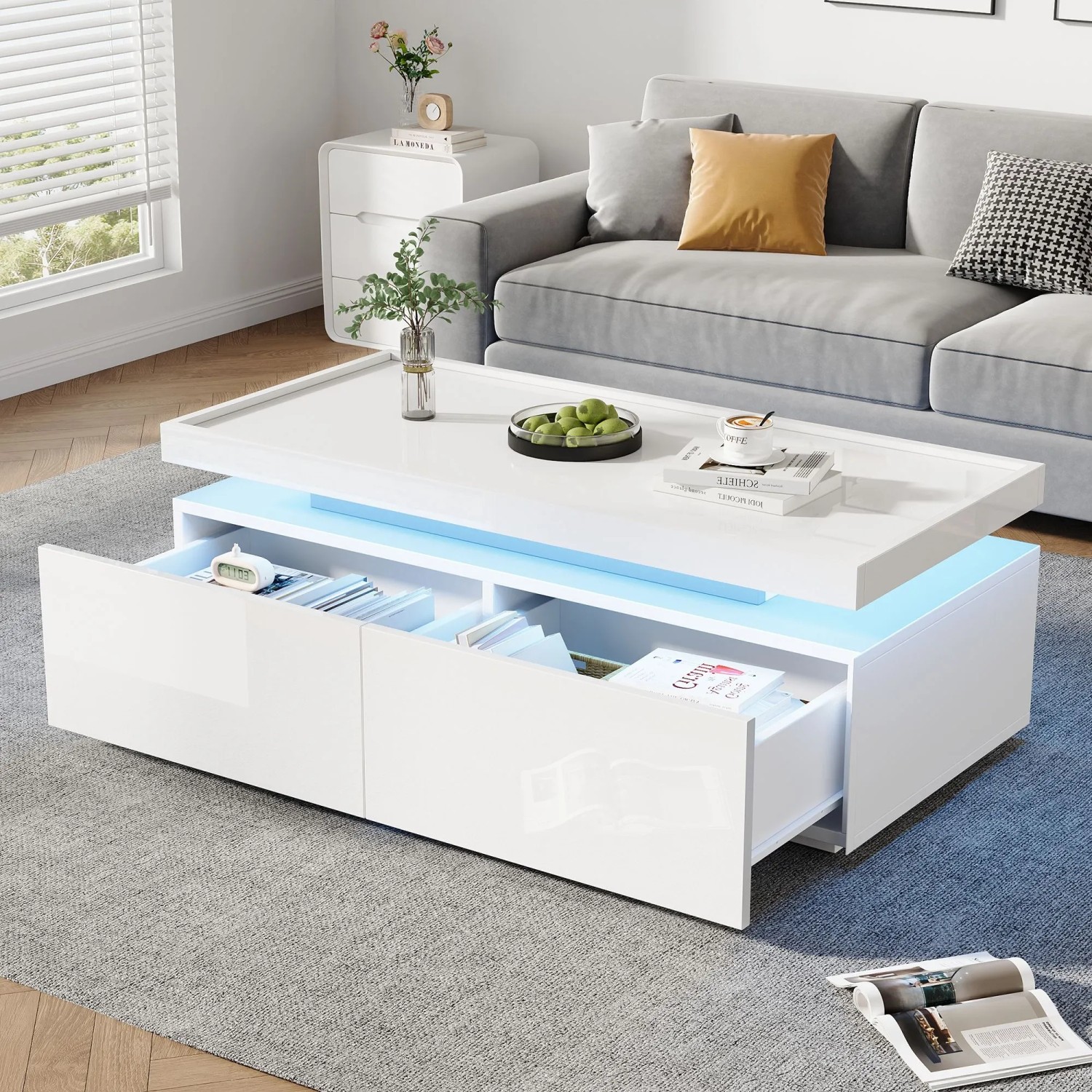 Merax Couchtisch Hochglanz Mit LED 2 Schubladen Geometrisches Design Weiß