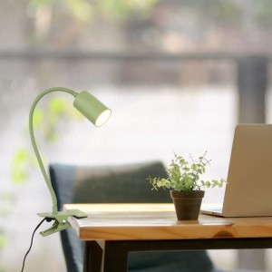 Lindgrüne Briloner LED-Klemmleuchte FLEKS mit Schwanenhals am Schreibtisch.