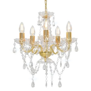 Goldener Kronleuchter mit Perlen, 5xE14 Fassungen. Elegante Lampe für Wohnräume.