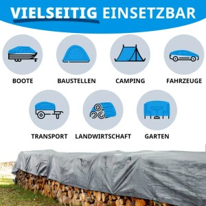 Silberne Karat Abdeckplane 1,5x6m schützt Holzstapel vor Nässe. Wasserdichte Plane mit Ösen.