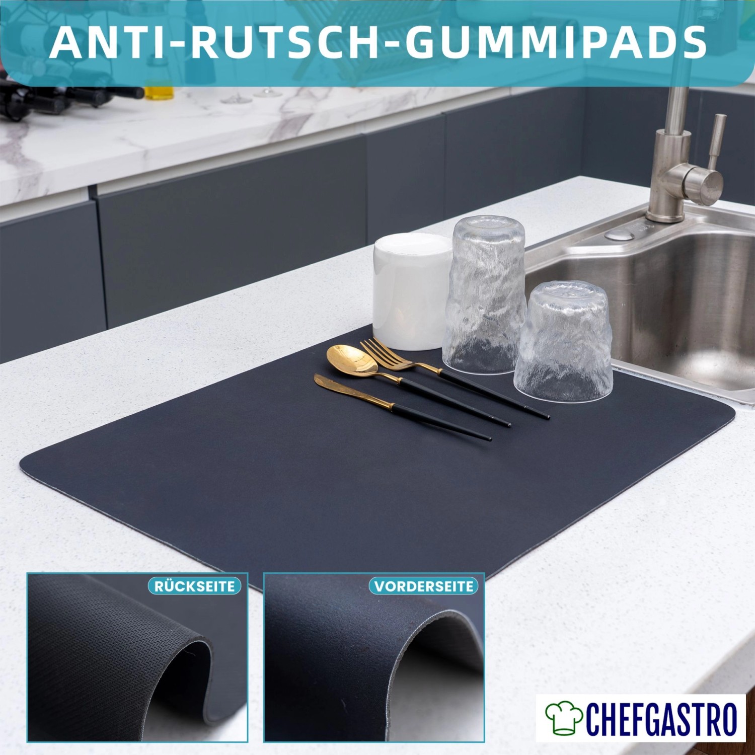 CHEFGASTRO Abtropfgestell Geschirr 15x42x31cm Stahl Mit Besteckhalter Tassenhalter Drehbarem Wasserablauf Abtropfbrett & Trockenmatte_5