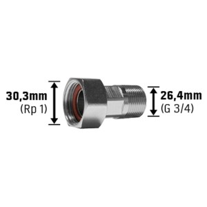 Wasserzählerverschraubung, 30,3 mm (Rp 1) x 26,4 mm (G 3/4), verchromt für Wasserzähler-Zubehör.
