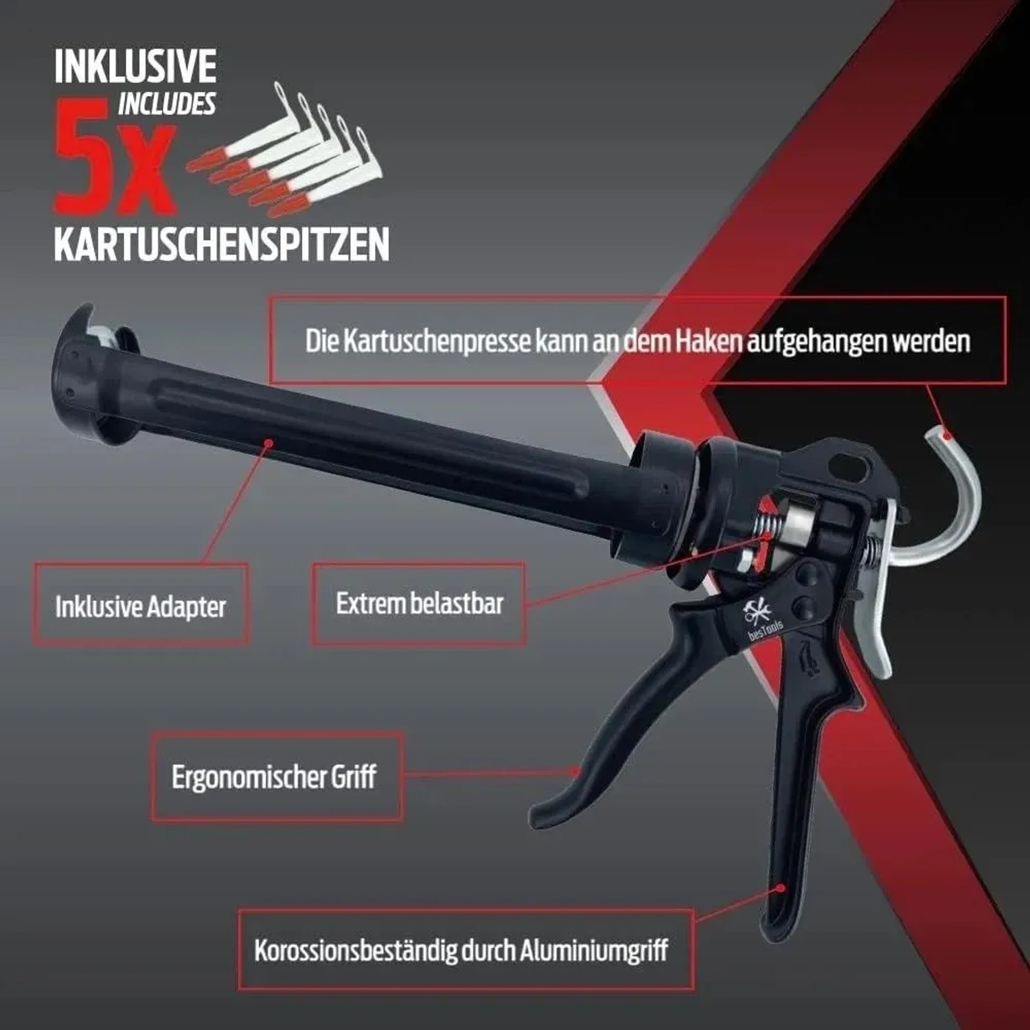 bestTools Profi Kartuschenpresse mit 5 Spitzen, 150-310ml, 20:1 Übersetzung.