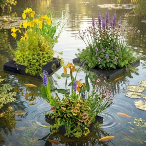 Drei schwimmende Teich Pflanzeninseln mit bunten Wasserpflanzen, gelben Iris und lila Blüten in einem Teich mit Fischen.