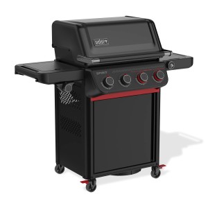 Schwarzer Weber Gasgrill Spirit EP-435R mit 4 Brennern, Seitenkocher und digitalem Thermometer.