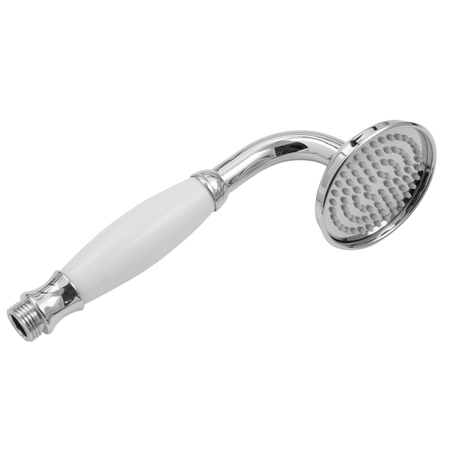 Handbrause im Retro-Stil mit weißem Keramikgriff und Chrom-Finish für PaulGurkes Duschsystem.