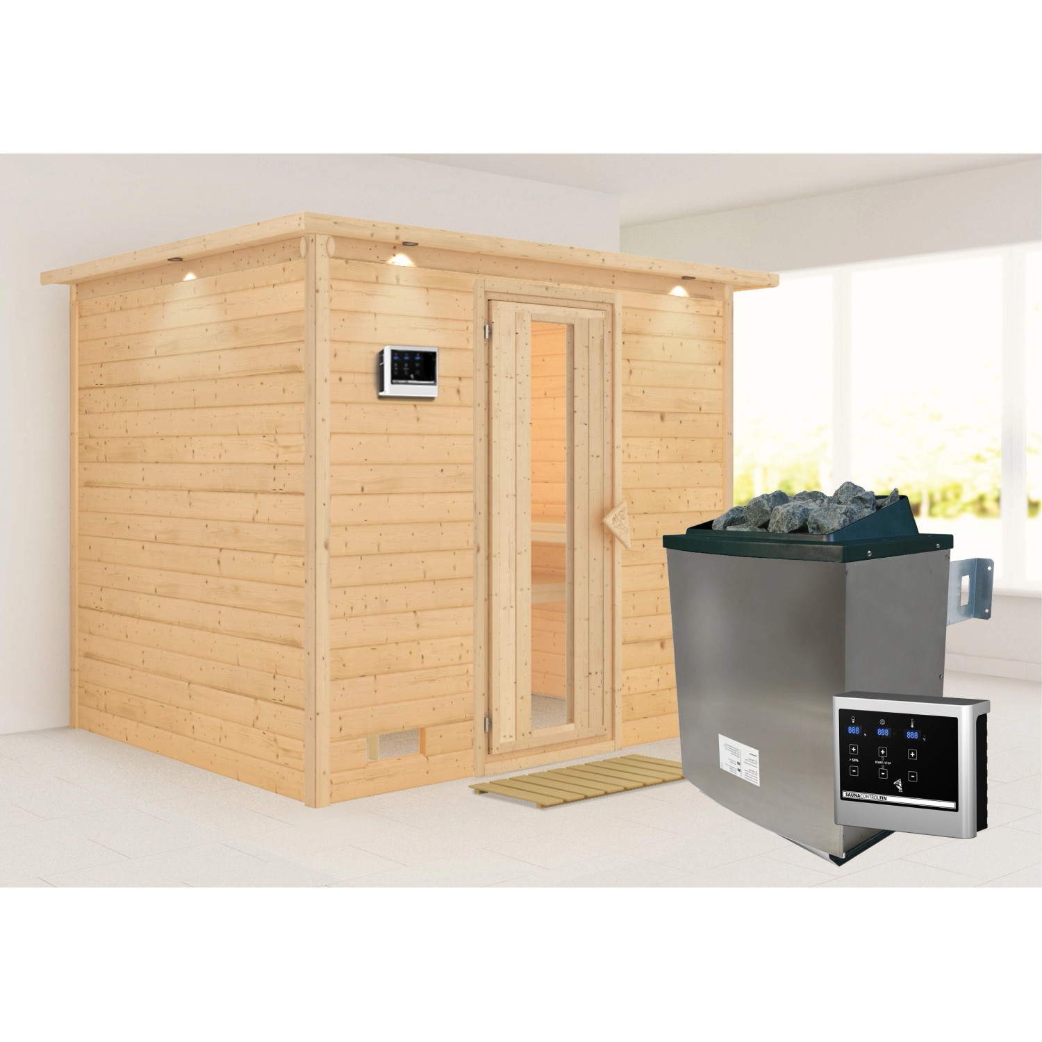 Karibu Sauna Sarina mit Ofen externe Stg.und LED-Dachkranzt Natur günstig online kaufen