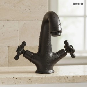 Schwarze PaulGurkes Nostalgie Waschtischarmatur mit Retro-Kreuzgriffen und Wassertropfen.