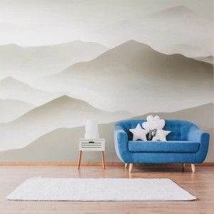 Fototapete Landschaft beige/weiß, matte Vliestapete mit Bergmotiv für Wohnräume.