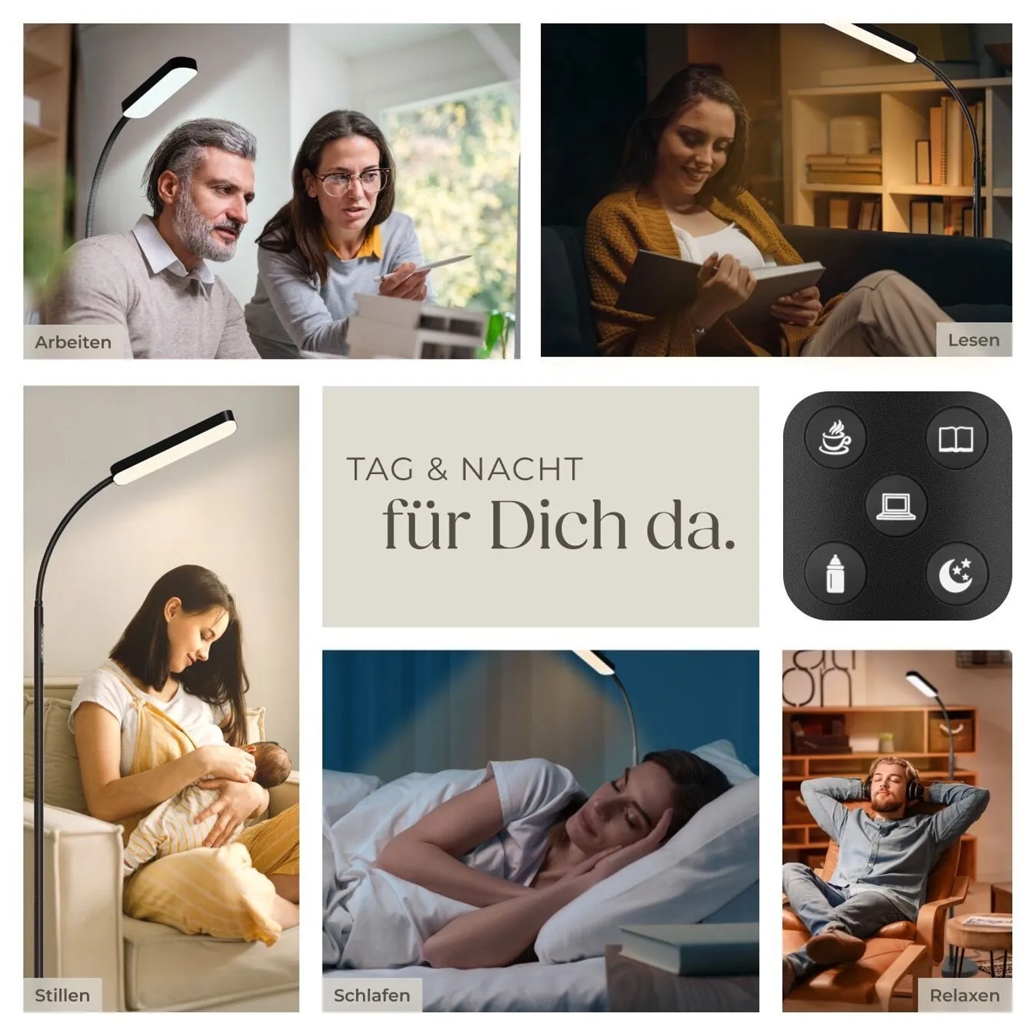 Tectake Stehlampe Prisma: Dimmbare LED-Leuchte mit 5 Modi für Lesen, Arbeiten, Schlafen und mehr.