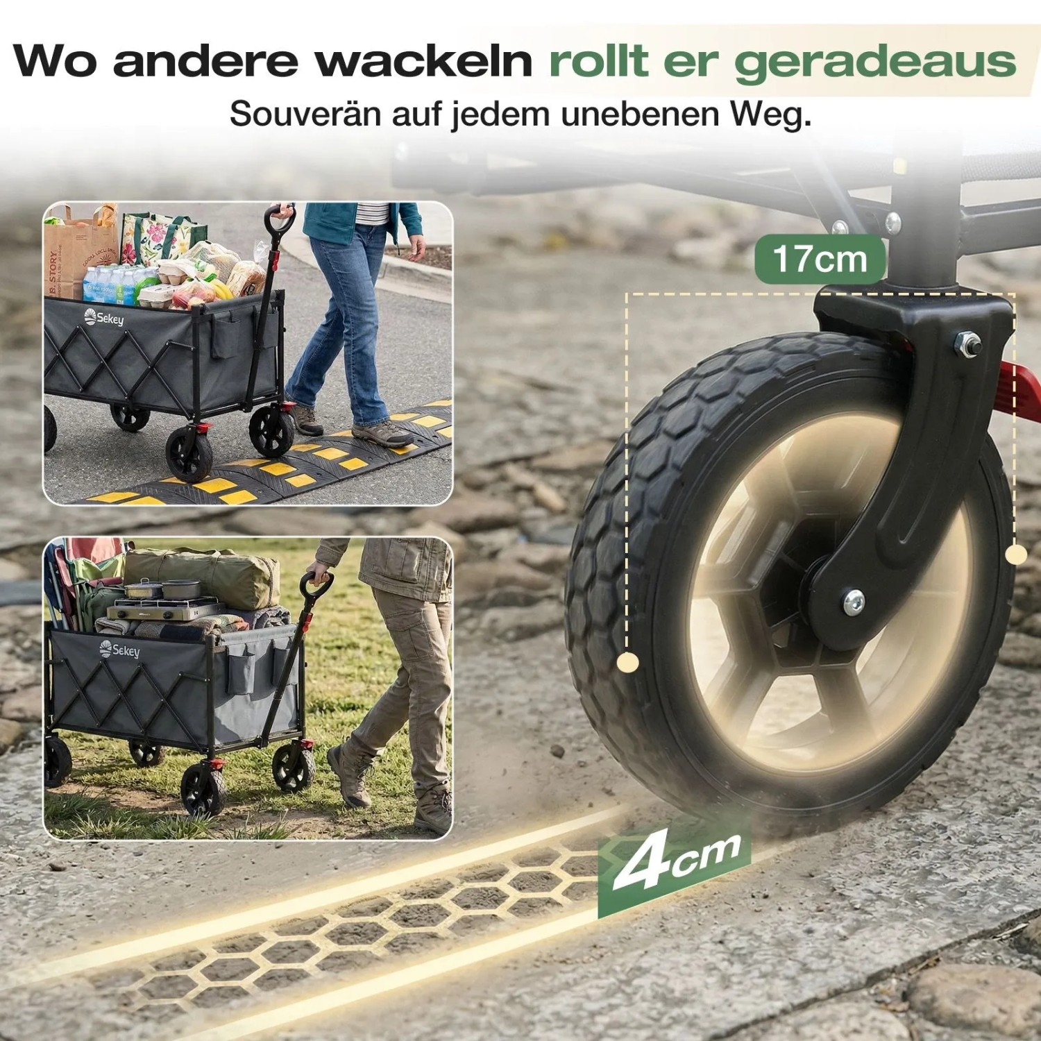 Sekey Bollerwagen, faltbar, grau, mit robusten Rädern für Camping und Transport.