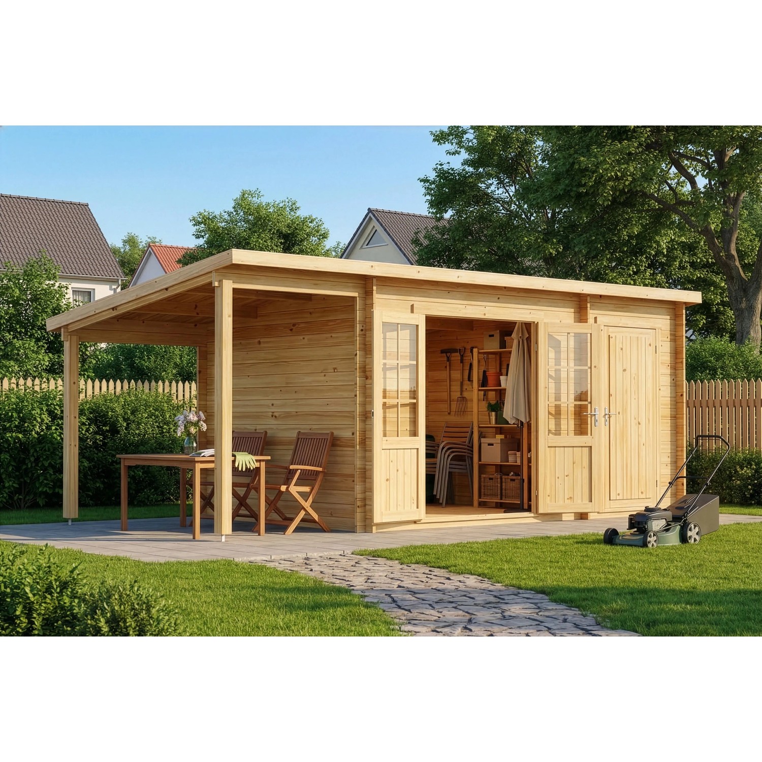Alpholz Gartenhaus Maria mit Schleppdach, 450x250 cm, naturbelassenes Holz. Garten- und Gerätehaus Kombination.