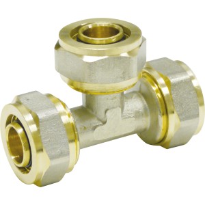 Messing T-Stück Schraubfitting, 20x20x20 mm, für sichere Rohrverbindungen.